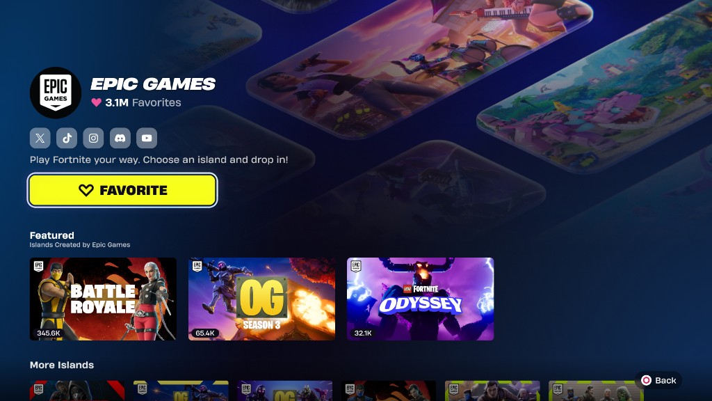 Epic Games creator page in Fortnite